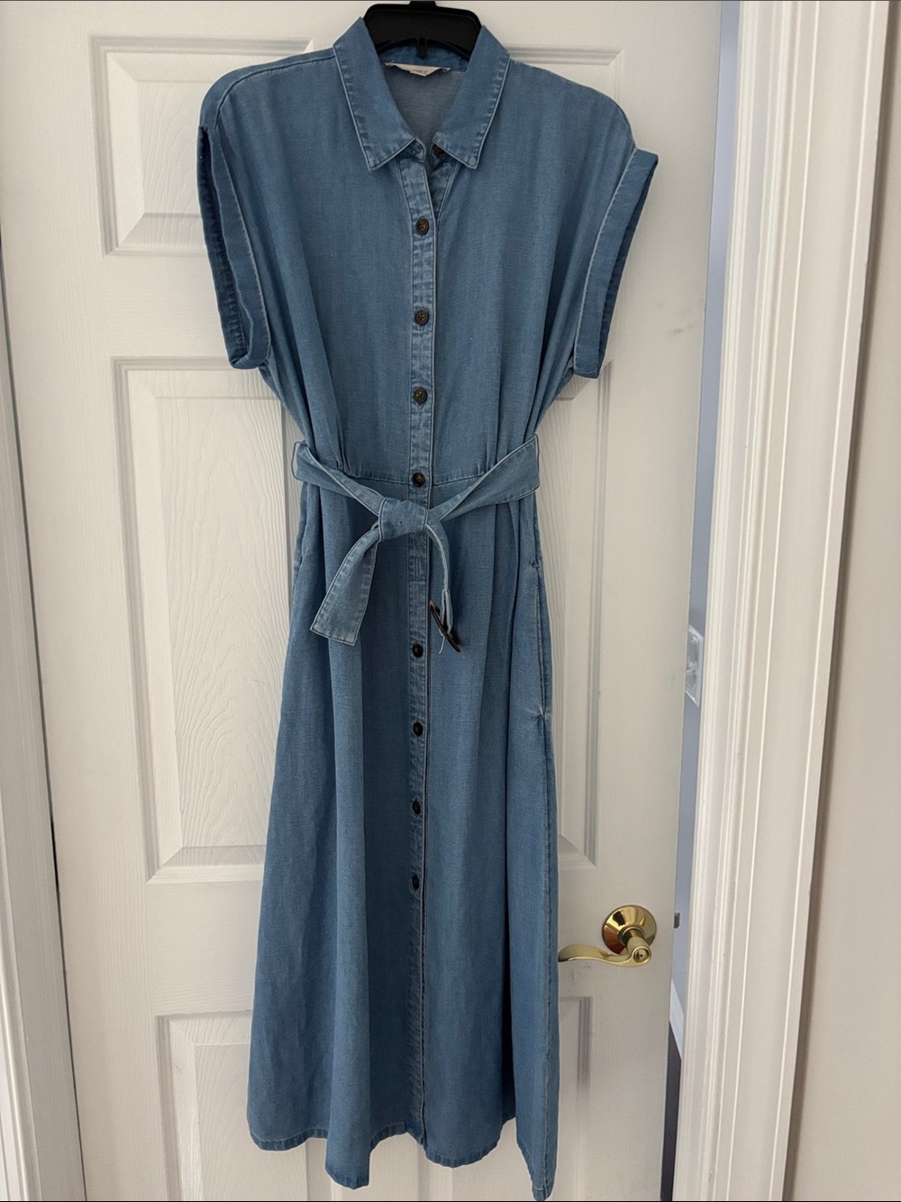 LOFT Light Blue Denim Maxi Shirt Dress with Self Tie